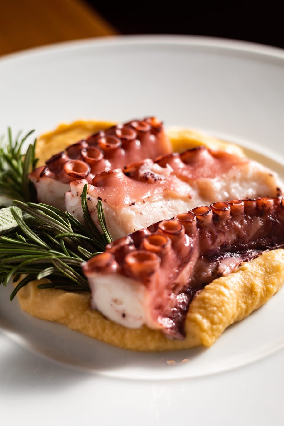 Tavolo apparecchiato con piatti gourmet e calici di vino rosso a Catarina Bistrot