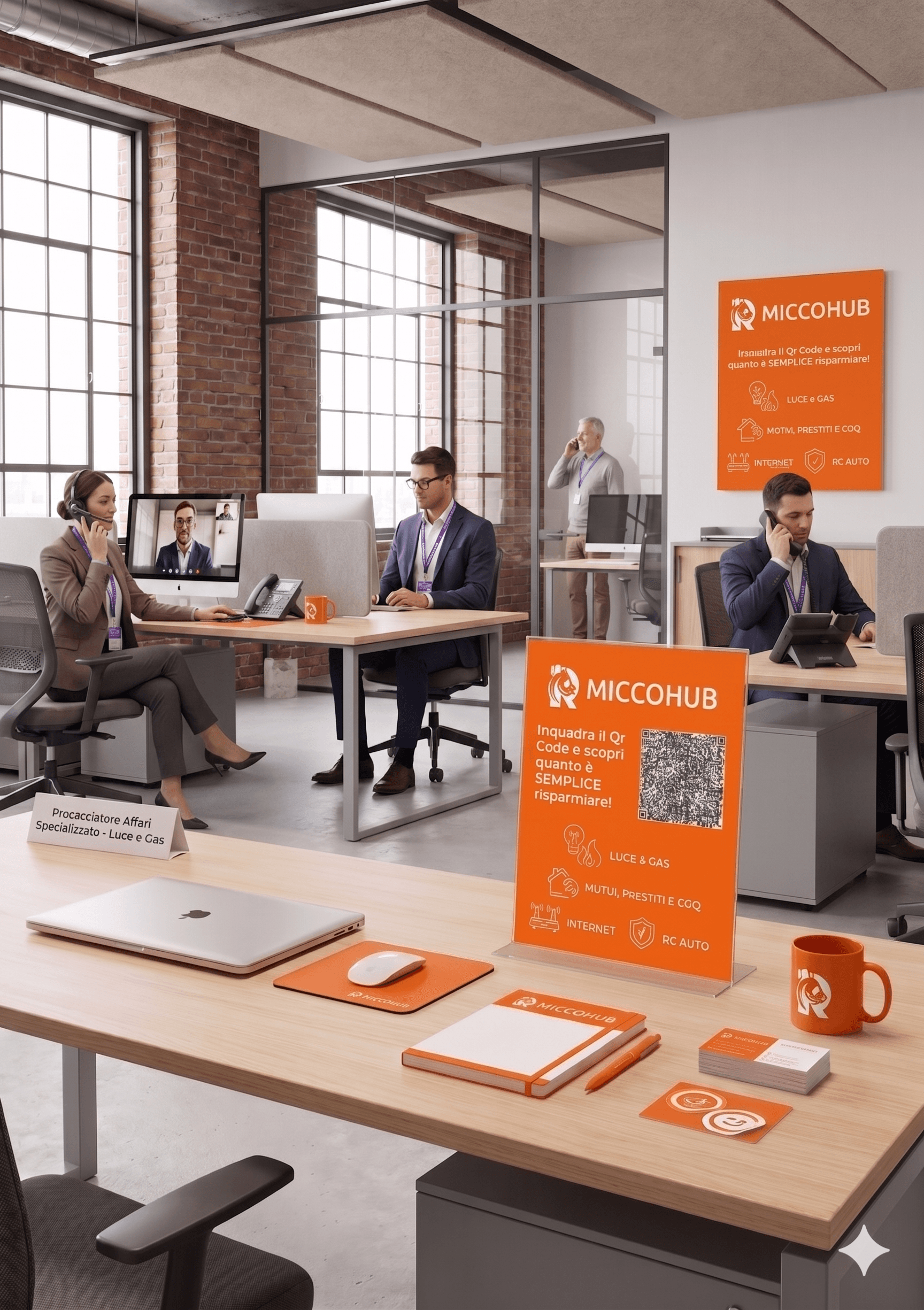 Consulenti MiccoHub per attivazione Internet Veloce e Fibrae per il risparmio. UTeam di consulenti MiccoHub in un ufficio moderno al lavoro su computer e telefono, pronti ad assistere i clienti per l'attivazione di contratti internet veloce. In primo piano, materiale informativo arancione con il logo MiccoHub e i servizi di connettività.i servizi (Luce, Gas, Mutui).