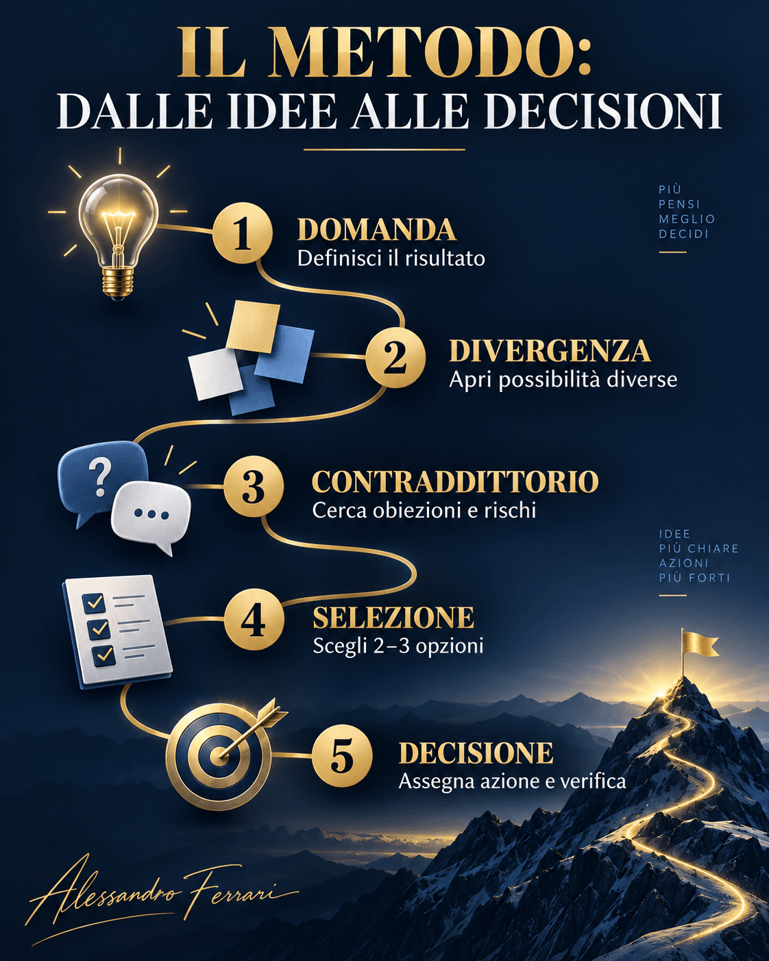 Metodo dalle idee alle decisioni Infografica del metodo di brainstorming con ChatGPT in cinque fasi: domanda, divergenza, contraddittorio, selezione e decisione