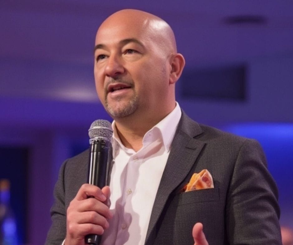 Alessandro Ferrari formatore in comunicazione aziendale sul palco Alessandro Ferrari durante un intervento formativo su comunicazione aziendale, vendite e leadership