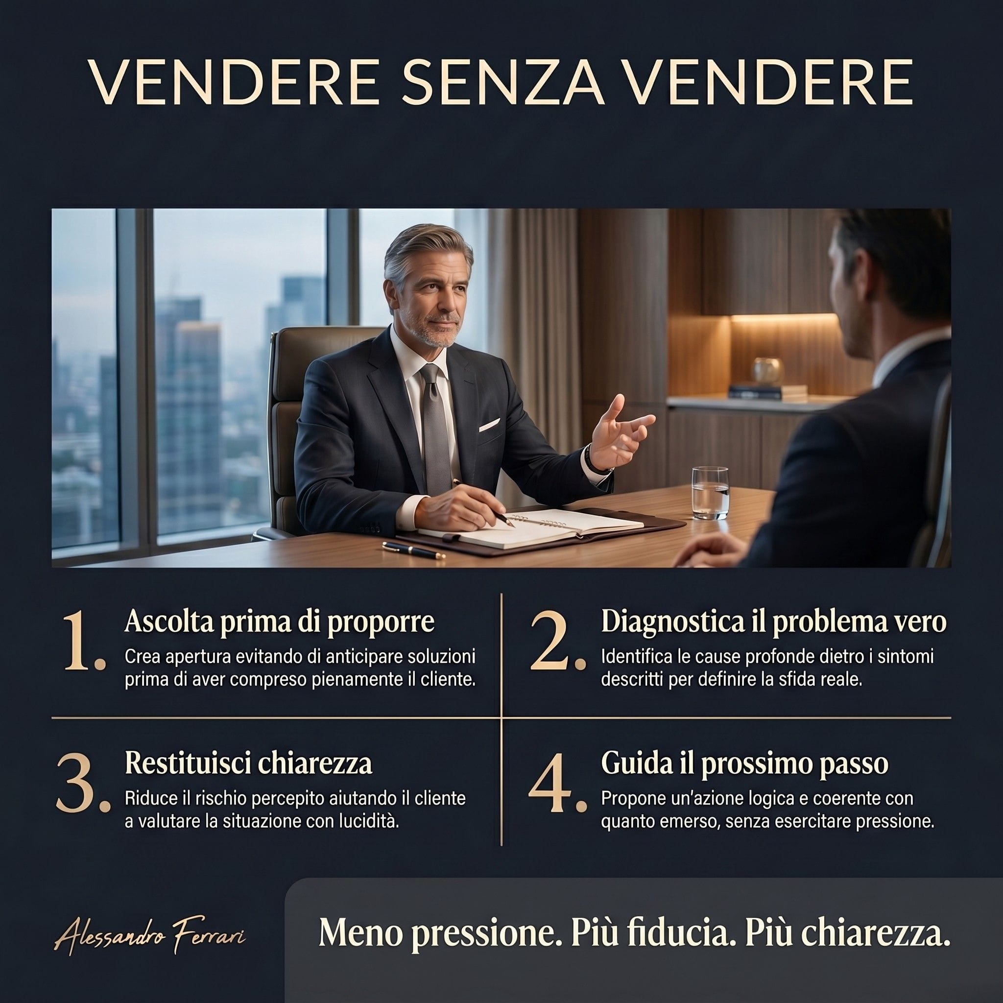 Come vendere senza vendere: metodo per guidare senza forzare Come vendere senza vendere con un metodo consulenziale basato su ascolto, fiducia cliente e guida senza forzare.