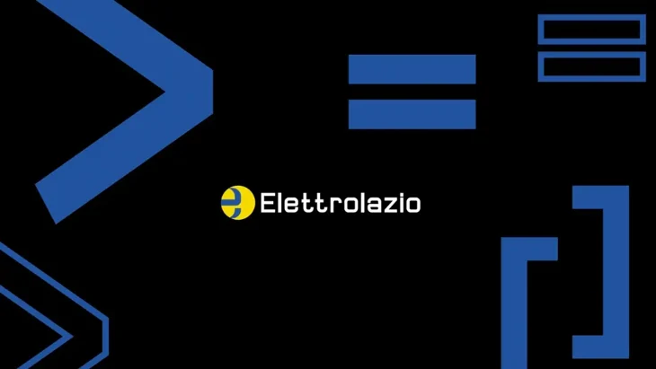 Visual dell'identità Elettrolazio, con il marchio al centro e segni geometrici blu