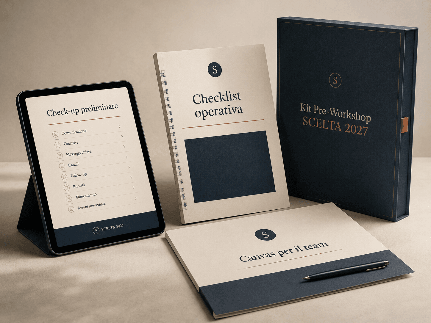 Kit Pre-Workshop SCELTA 2027 per il corso comunicazione aziendale Mockup del Kit Pre-Workshop SCELTA 2027 con Check-up preliminare, Checklist operativa e Canvas per il team