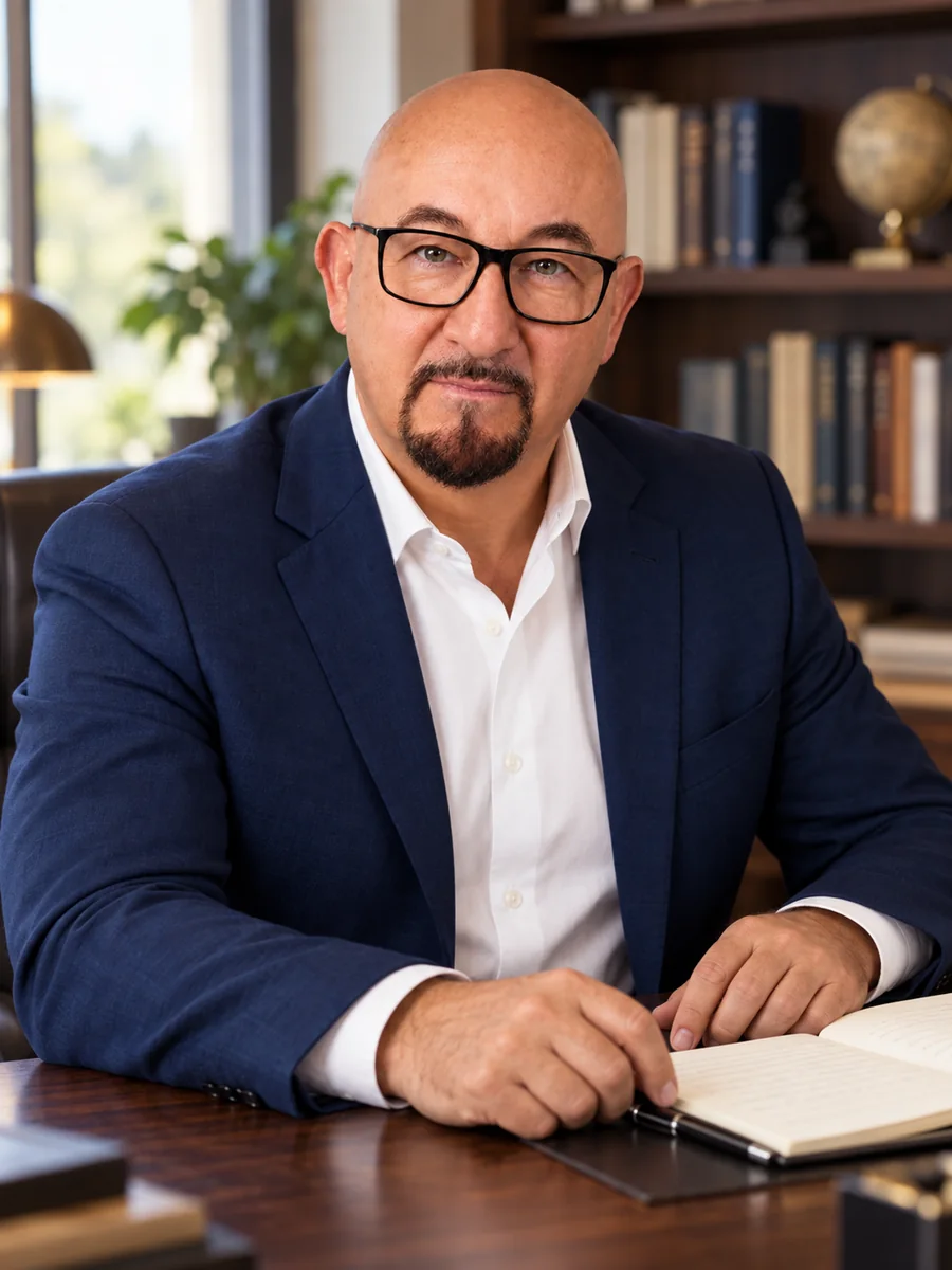 Alessandro Ferrari · Newsletter strategica alla scrivania Alessandro Ferrari con occhiali e giacca blu, seduto alla scrivania con un quaderno aperto.