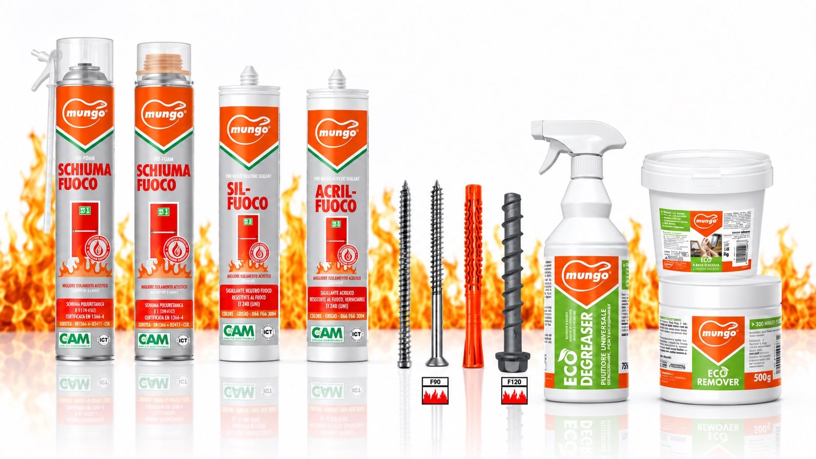 Gamma dei prodotti Mungo certificati per la posa antincendio: Schiuma Fuoco, Sil-Fuoco, Acril-Fuoco, viti, tassello e linea Eco