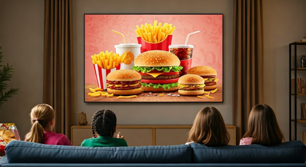 Junk food in TV: immagine generata con l'IA. Bambini e junk food: bastano 5 minuti di pubblicità per aumentare le calorie nel piatto