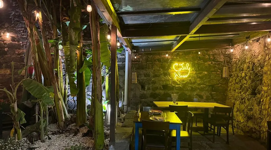 Il cortile di Al Cortile Alessi la sera, con luci e vegetazione, nel centro storico di Catania