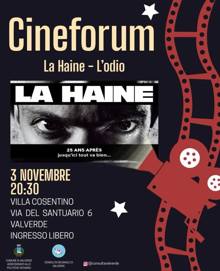 Locandina del Cineforum La Haine – L'odio a Villa Cosentino, Valverde, 3 novembre 2026