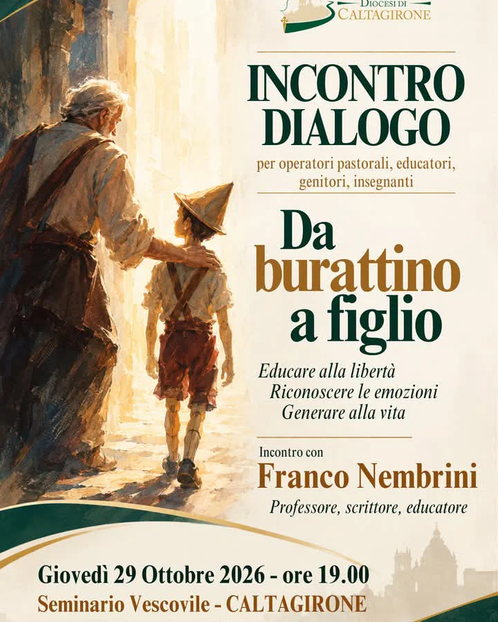 Locandina dell'incontro Da burattino a figlio con Franco Nembrini al Seminario Vescovile di Caltagirone, 29 ottobre 2026