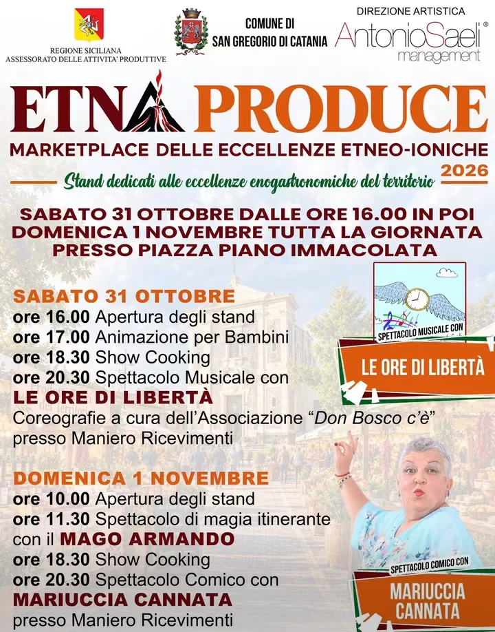Locandina Etna Produce 2026 a San Gregorio di Catania con il programma del 31 ottobre e 1 novembre