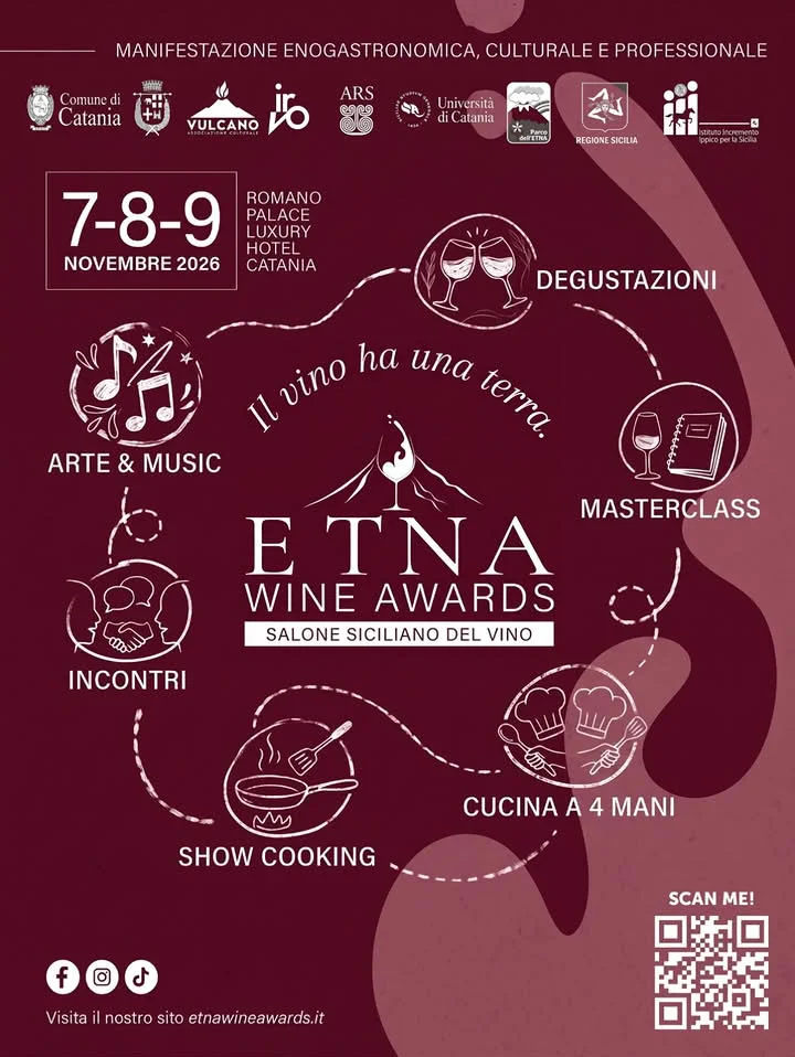Locandina degli Etna Wine Awards 2026, Salone Siciliano del Vino al Romano Palace di Catania, 7-9 novembre