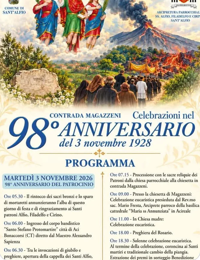 Locandina della Festa dei Tre Santi in contrada Magazzeni a Sant'Alfio, 3 novembre 2026, 98° anniversario