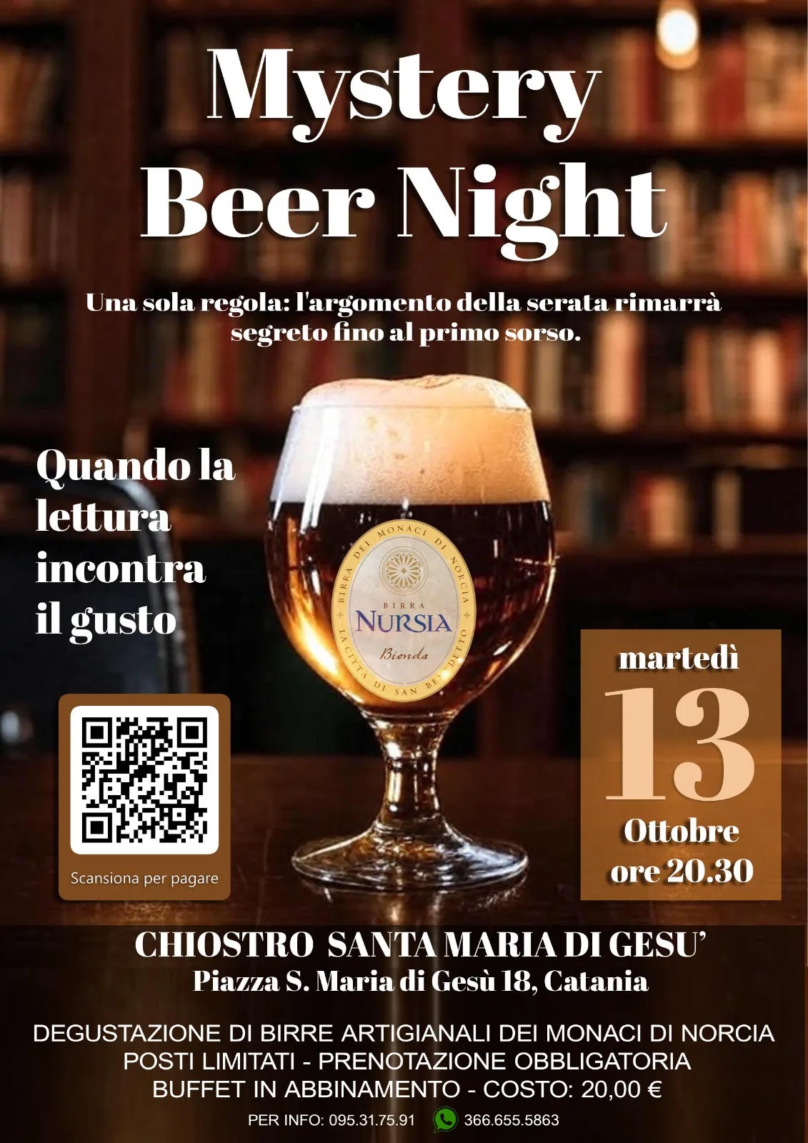 Locandina della Mystery Beer Night: degustazione di birre dei monaci di Norcia nel Chiostro di Santa Maria di Gesù, martedì 13 ottobre ore 20:30