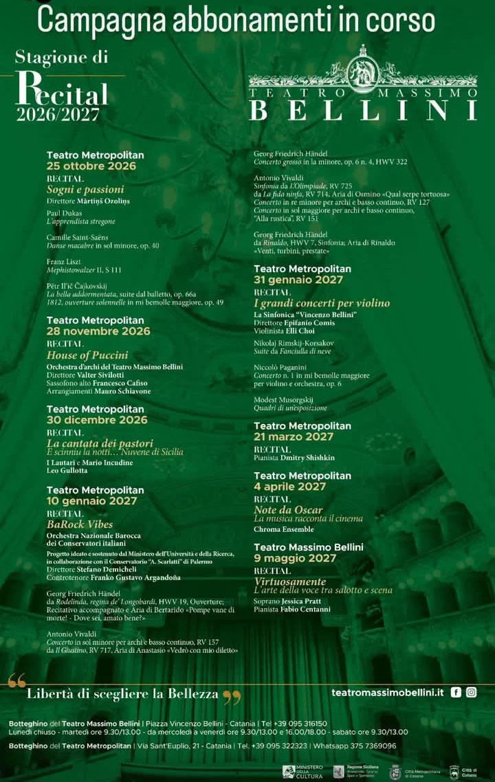 Locandina della Stagione di Recital 2026/2027 del Teatro Massimo Bellini di Catania