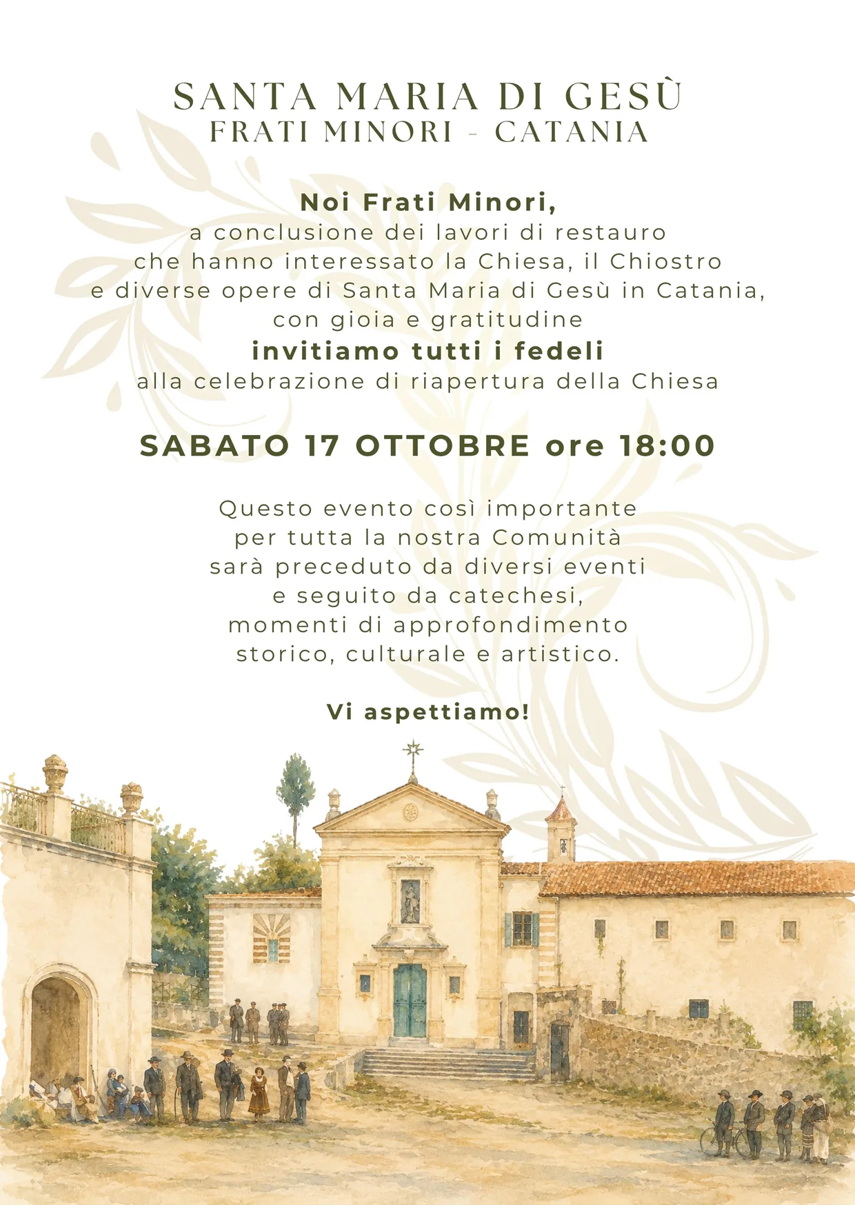 Invito dei Frati Minori alla celebrazione di riapertura della chiesa di Santa Maria di Gesù a Catania, sabato 17 ottobre ore 18:00