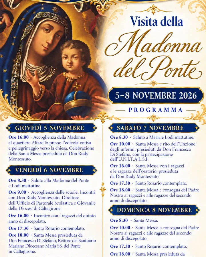 Locandina della Visita della Madonna del Ponte alla Parrocchia San Giuseppe di Palagonia, 5-8 novembre 2026