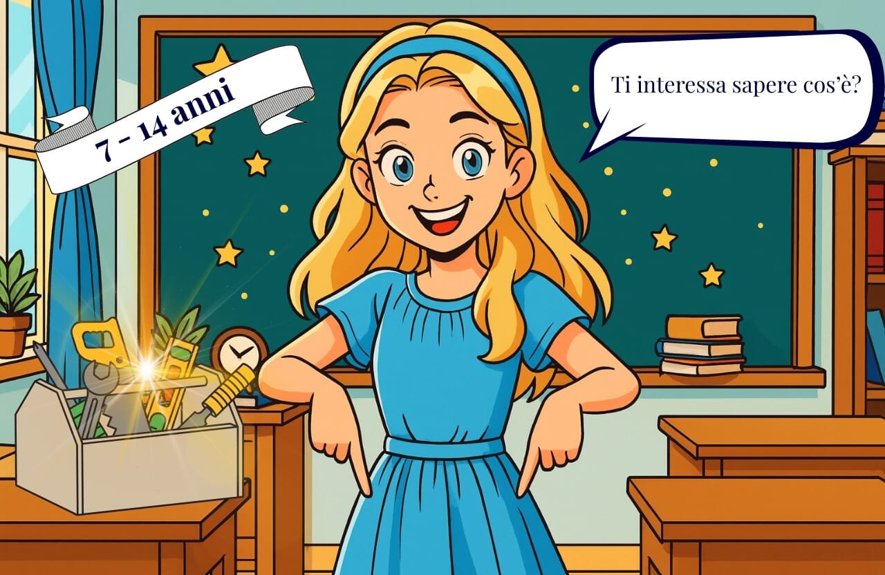 Bambina in classe con espressione curiosa