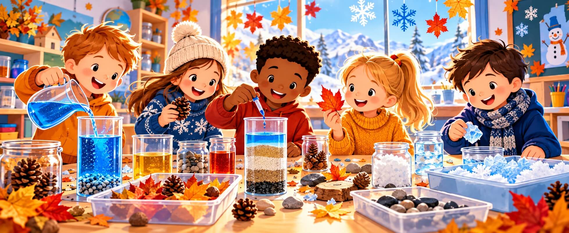 Bambini che sperimentano con acqua, foglie e neve durante un laboratorio