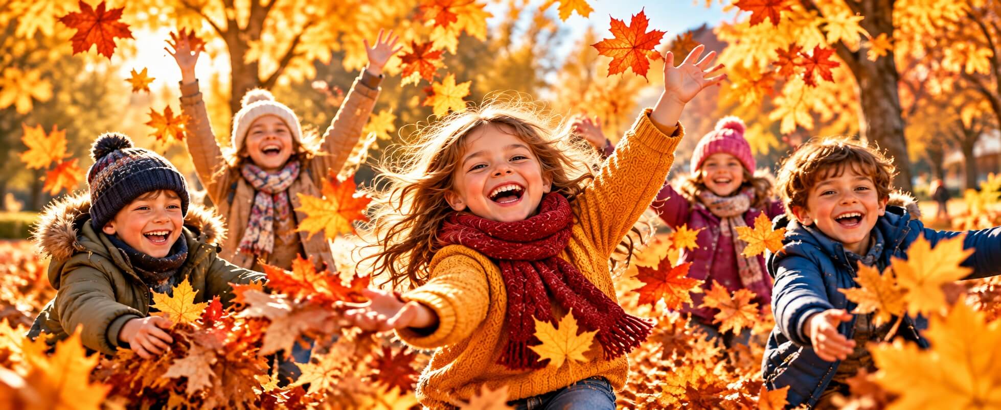 Vacanze per bambini a Bolzano: bambini che giocano tra le foglie d’autunno