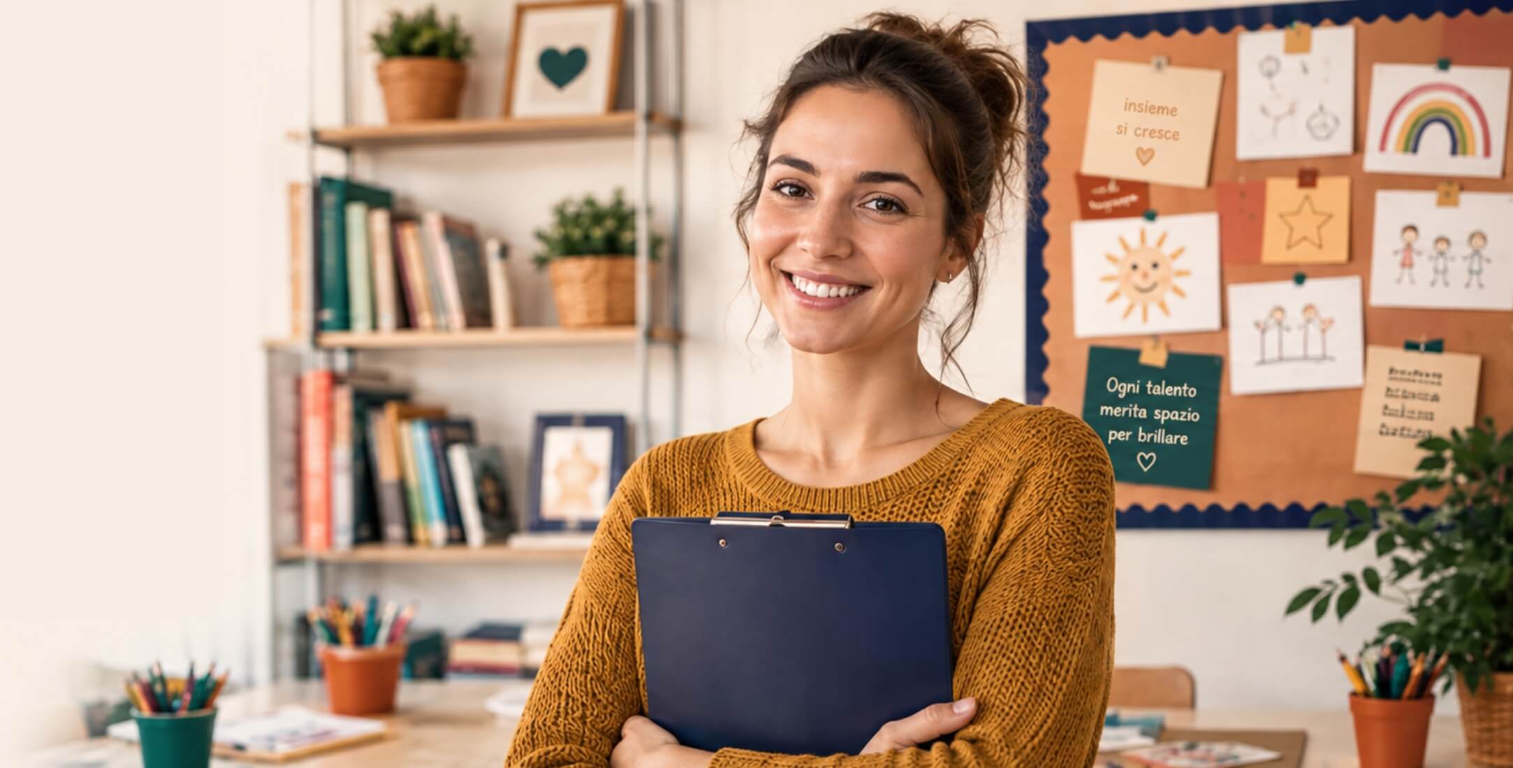 Educatrice sorridente in aula con cartellina
