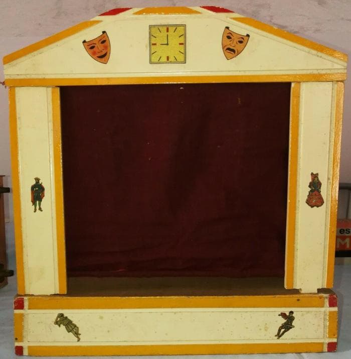 Teatrino Di Cappuccetto Rosso Con Tenda Blu E 4 Marionette Di Stoffa, 68x135 Cm, Dai 3 Anni - Foto 2