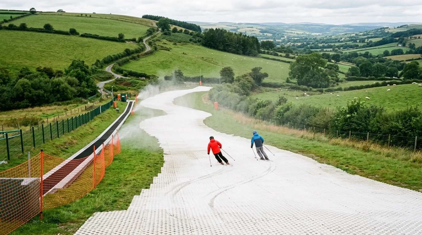 Outdoor dry ski slope with white synthetic matting and skiers carving down a UK hillside