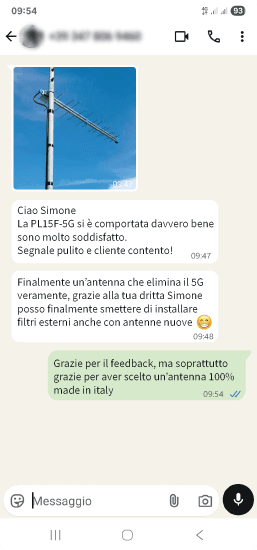 Testimonianza WhatsApp con foto installazione: PL15F-5G, segnale pulito, 5G eliminato senza filtri esterni; tecnico e cliente soddisfatti; 100% Made in Italy Testimonianza WhatsApp con foto installazione: PL15F-5G, segnale pulito, 5G eliminato senza filtri esterni; tecnico e cliente soddisfatti; 100% Made in Italy
