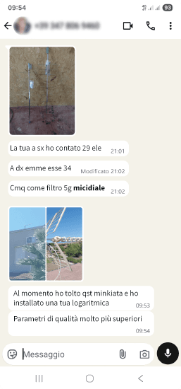 Testimonianza WhatsApp con confronto antenne: conteggio elementi (29 vs 34), filtro 5G definito molto efficace; sostituita l’antenna precedente con logaritmica Elettronica Cusano, parametri di qualità nettamente superiori Recensione WhatsApp antennista TV su qualità filtro 5G antenna logaritmica Elettronica Cusano