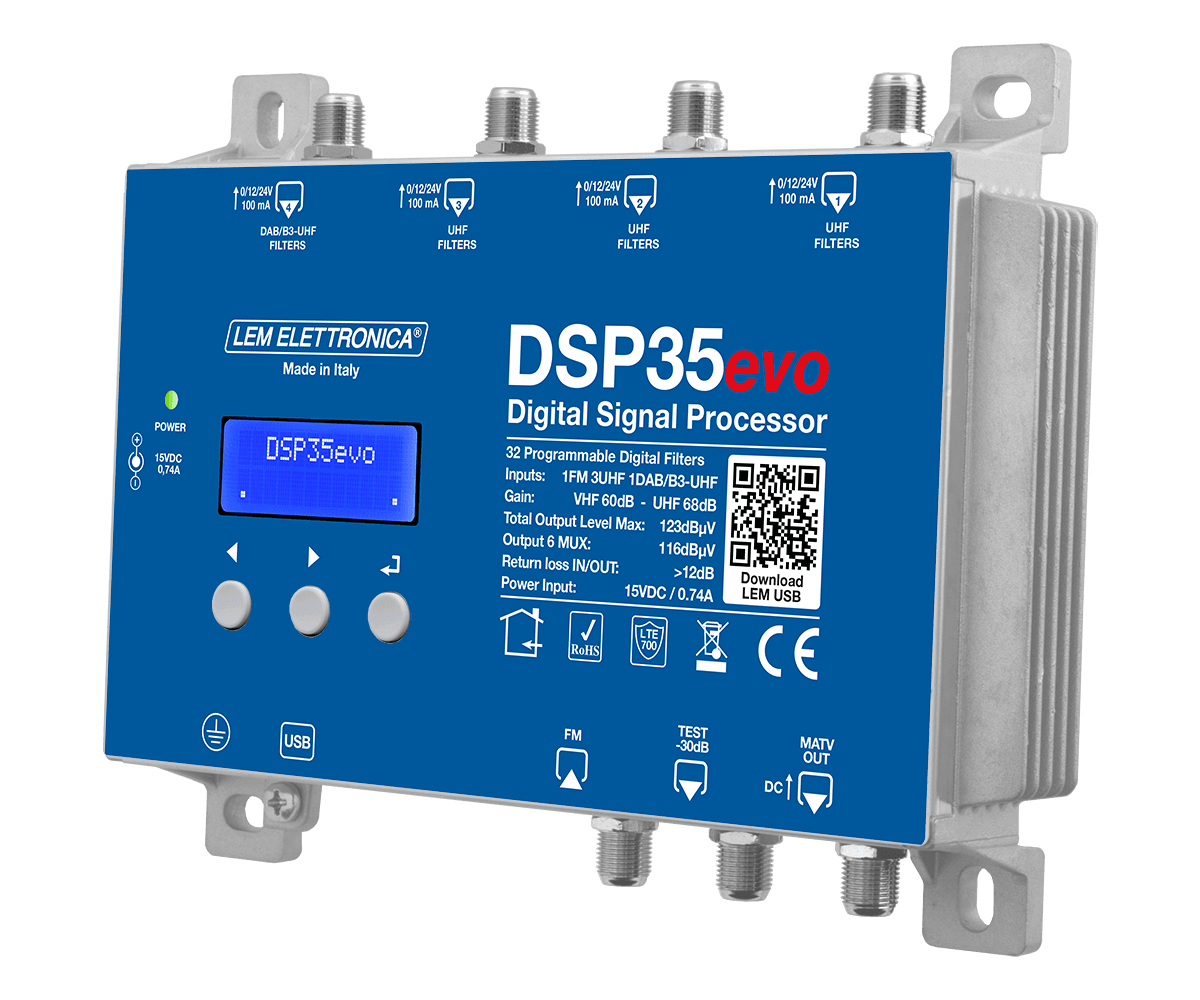 Centrale TV Programmabile Digitale DSP35evo - Soluzione Echi e 5G Centrale di testa programmabile digitale DSP35evo con display per equalizzazione segnali TV e gestione echi DVB-T2
