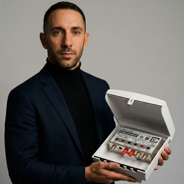 Simone Cusano, CEO di Elettronica Cusano, mostra un amplificatore da palo TV di produzione italiana