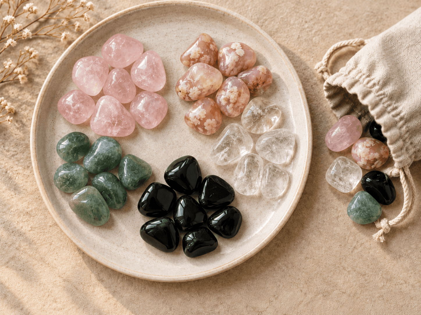 Tre gruppi di pietre burattate su un vassoio di ceramica, accanto a un sacchetto di lino