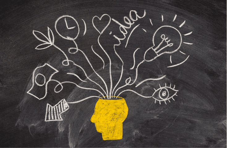 Lagna, disegni con gessetto bianco, idea, tempo e orologio, lampadina, mente, giallo benefici; Cosa è il bilinguismo infantile