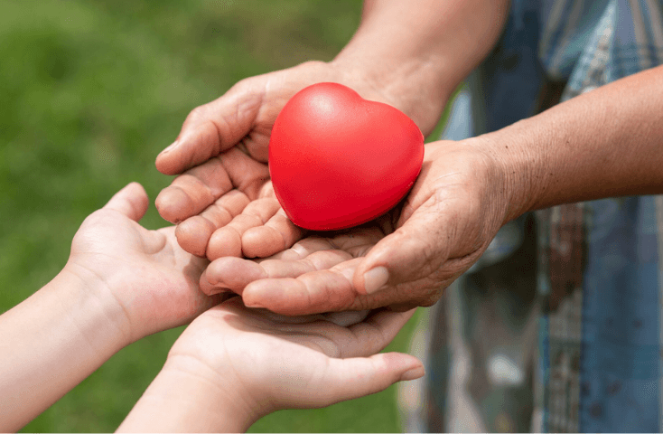 Mani di papà e bambino con cuore rosso; amore; san valentino sul prato verde; 40 frasi d'amore in inglese