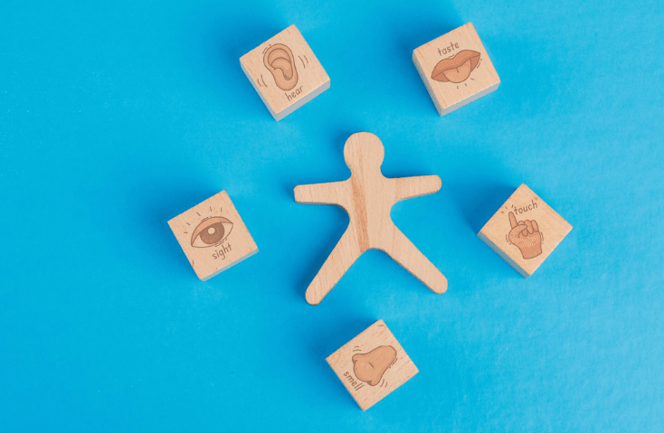 Cubi di legno su fondo azzurrro, disegno dei 5 sen si umani, tatto, udito, gusto, vista e olfatto