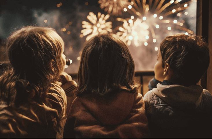 BBambini di spalle cche guardano fuochi artificio alla finestra; vista frontale; come si dice Capodano in inglese
