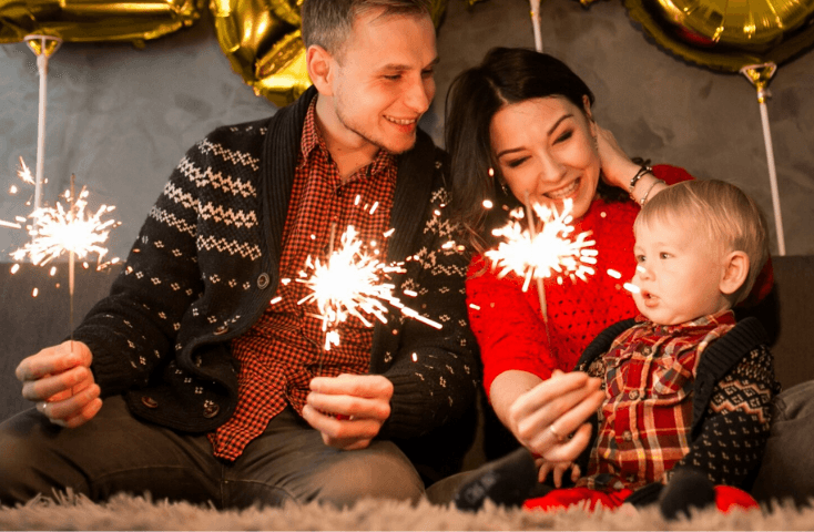 famiglia felice che sorride in cas sul dicano, bambino stupito; fuochi artificio; stelline, nuovo anno; come si dice Capodano in inglese