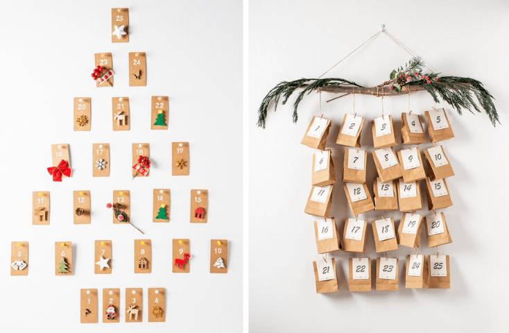 Calendario dell'avvento, numeri, colori e cartoncini numerati; ramo di abete, sacchettini di natale, vista frontale;