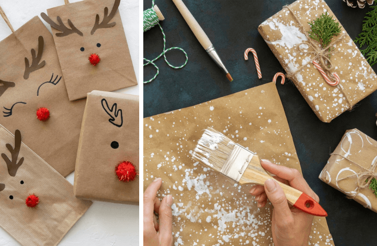 regalii di natale e sacchetti di carta con renna e naso rosso; mani che usano vernice bianca e pennello per carta, forbici, rocchetto con filo verde e bianco, bastoncini di zucchero; lavoretti di natale per bambini in ingleselavoretti di natale per bambini in inglese