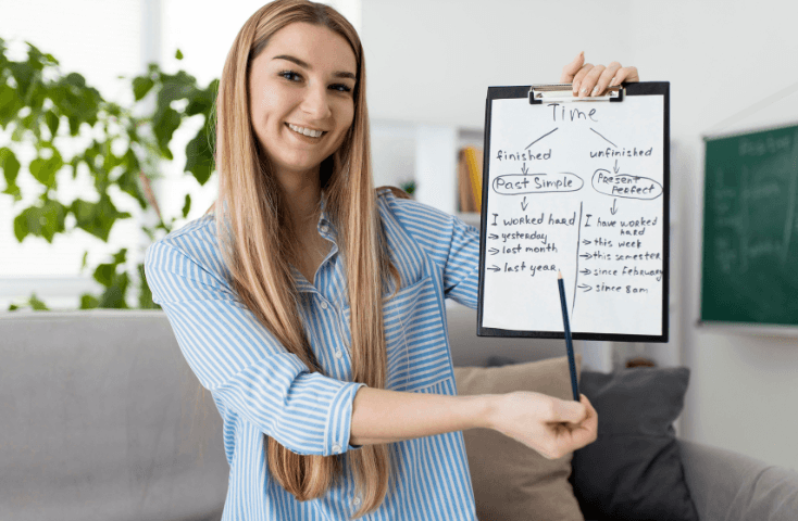 giovane donna insegna ai bambini grammatica inglese, differenza tra past simple e present perfect, 10 errori più comuni degli italiani in inglese