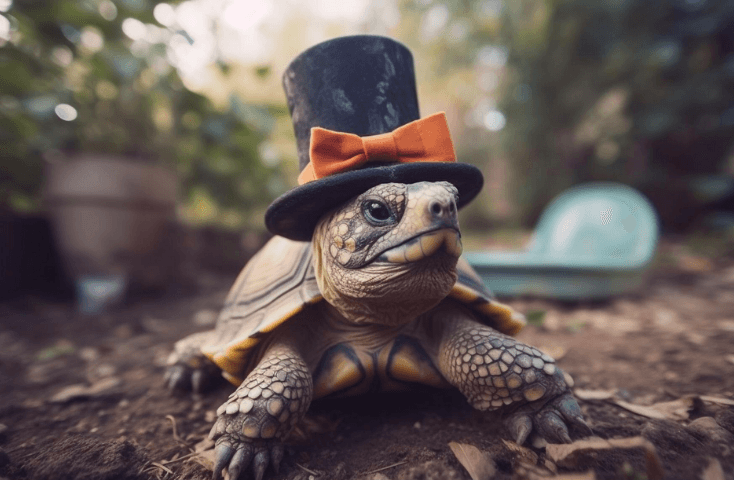 La tartaruga protagonista di una favola cammina nel bosco con in testa un bel cappello a cilindro con fiocco arancione, 10 favole in inglese su youtube