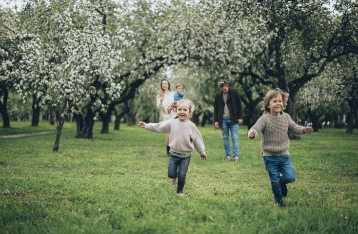 Bambini con genitori che corrono felici tra gli alberi, come si chiamano gli alberi in inglese.