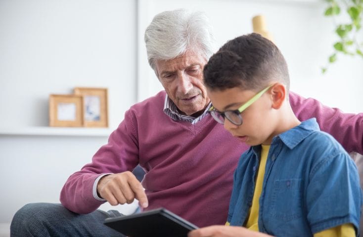 Nonno che aiuta il nipote a fare i compiti, come si dice nonno in inglese