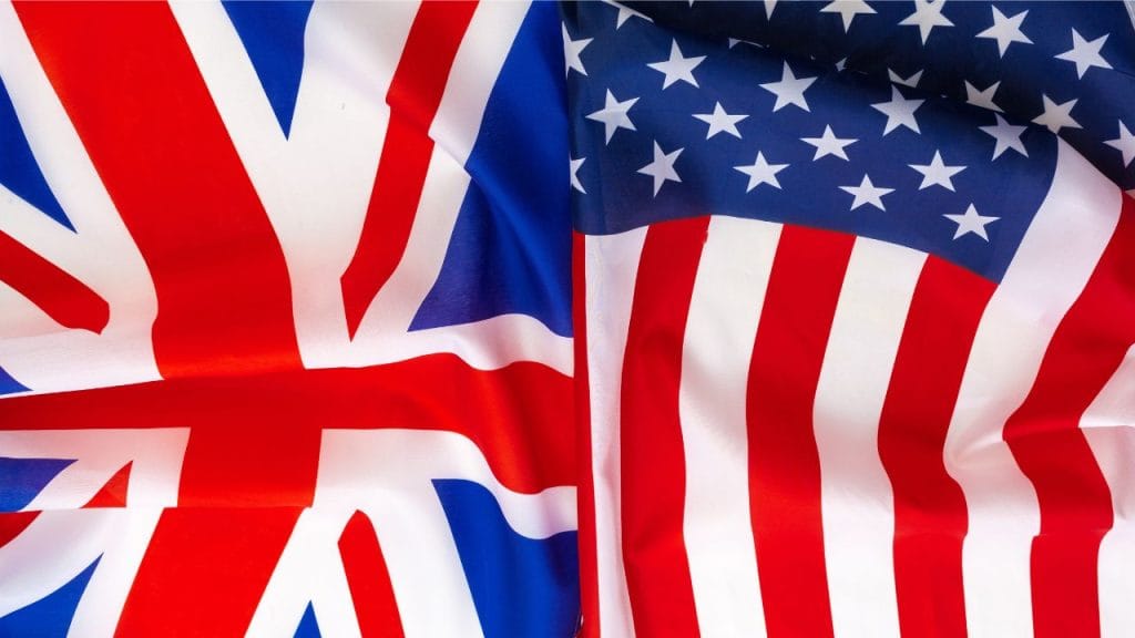 Bandiera del regno unito e bandiera americana, differenze tra inglese britannico e americano