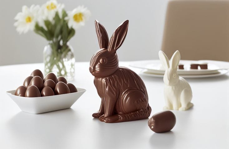 coniglio di cioccolato e coniglio di cioccolato bianco su un tavolo con un cesto di oova di cioccolato, poesie e filestrocche pasquali in inglese per bambini