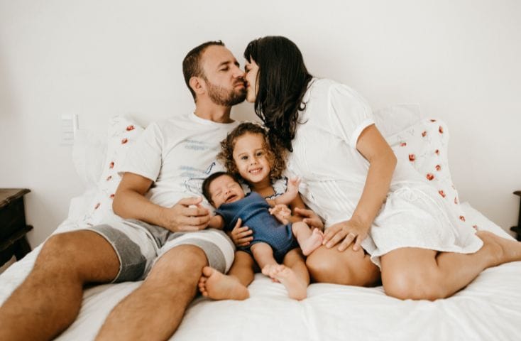 genitori e bimbi piccoli sul lettone, i membri della famiglia in inglese
