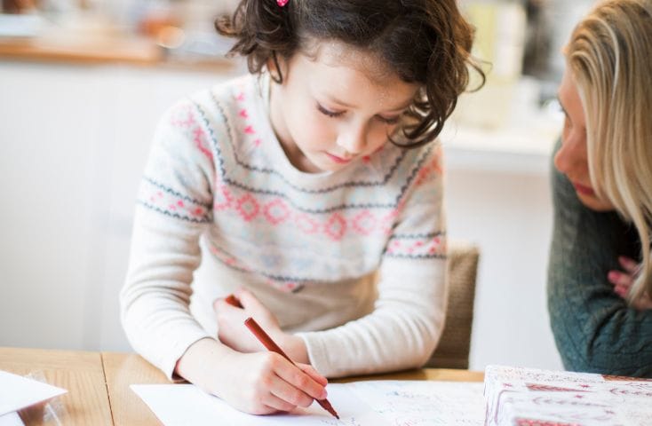 Mamma che aiuta la figlia a scrivere la letterina a Babbo Natale
