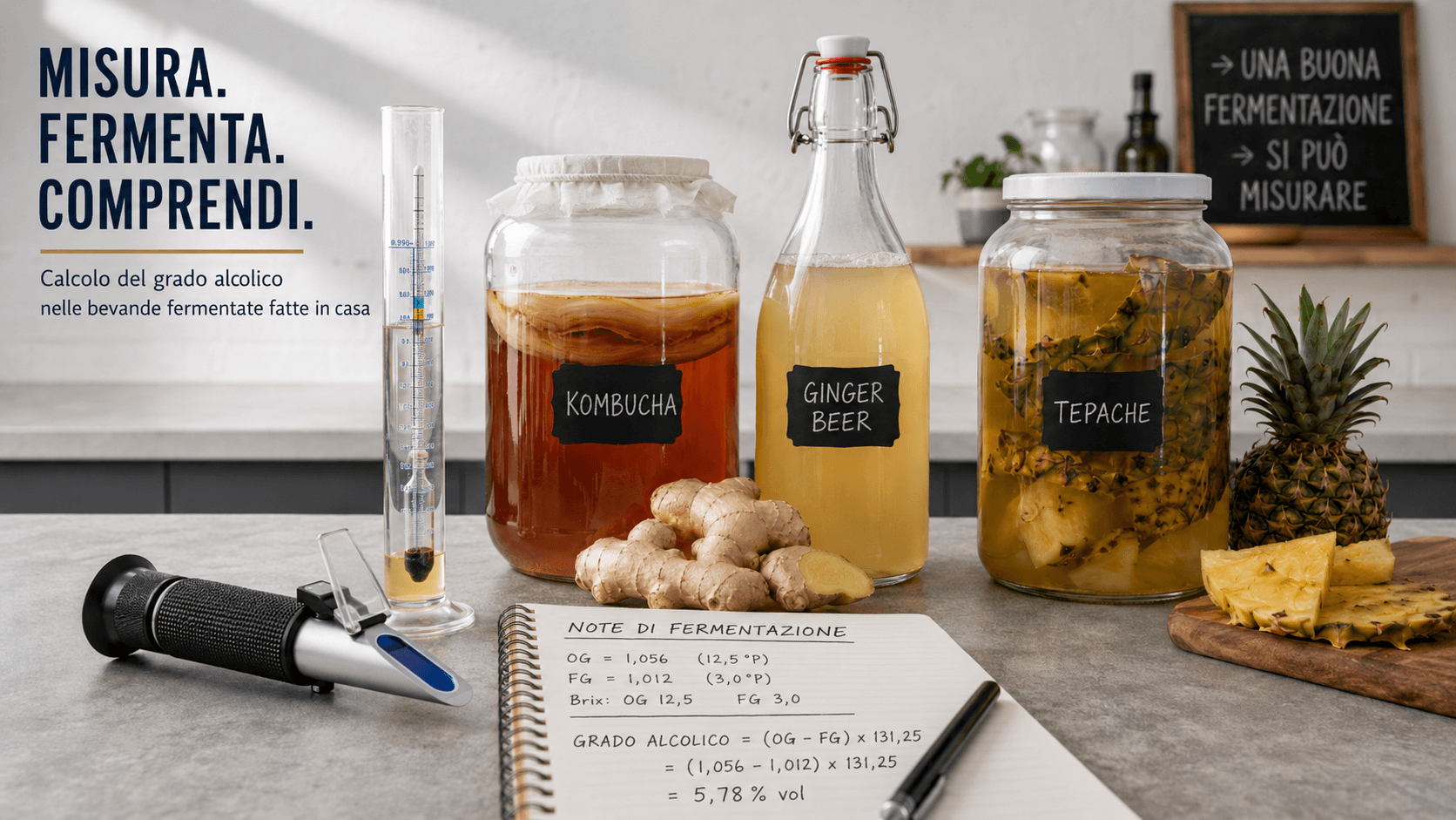 Calcolatore grado alcolico: come stimare l’alcol in kombucha, ginger beer e tepache Calcolatore grado alcolico: come stimare l’alcol in kombucha, ginger beer e tepache
