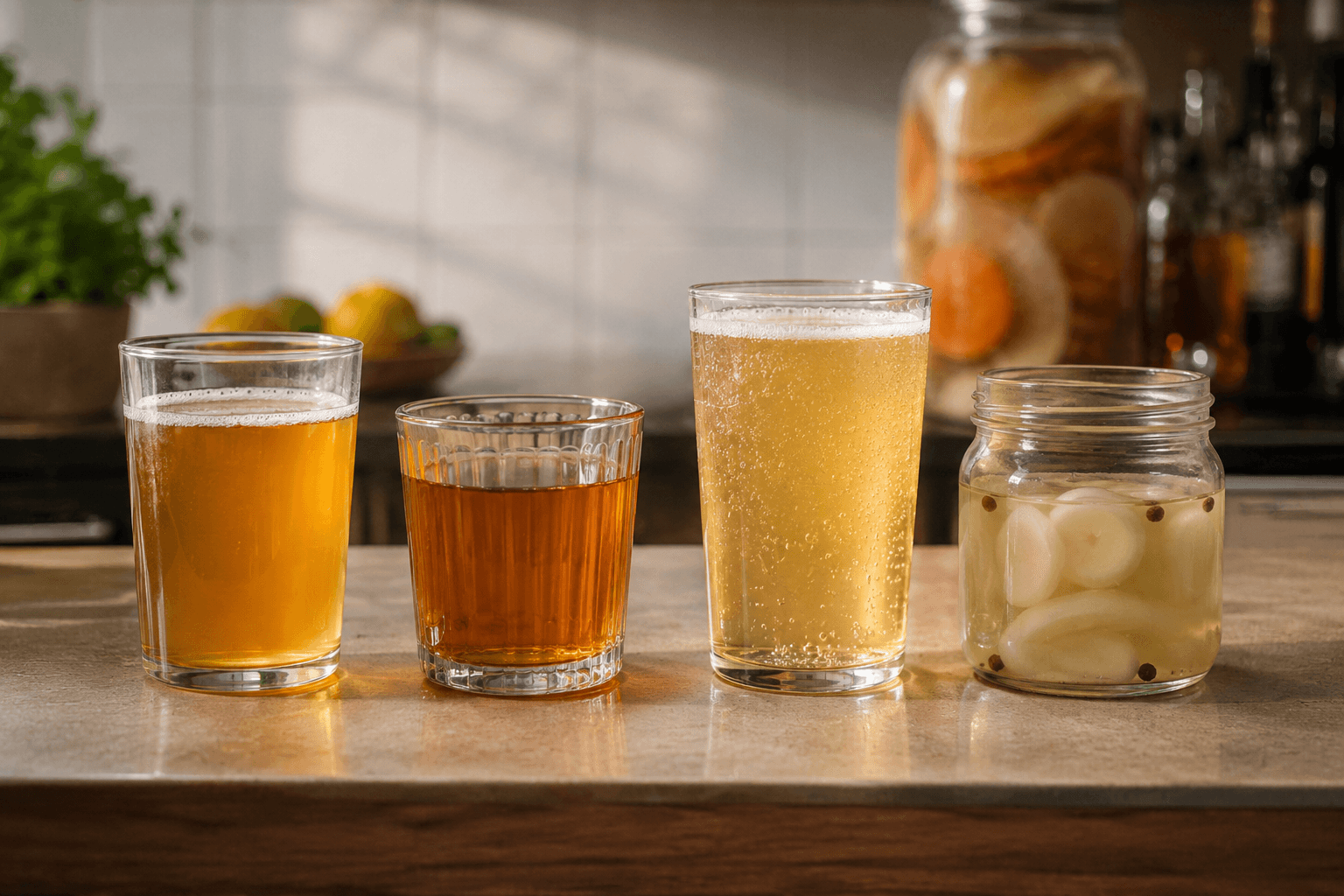 Quattro basi fermentate per il bar: kombucha, aceto di mele, ginger beer e salamoia