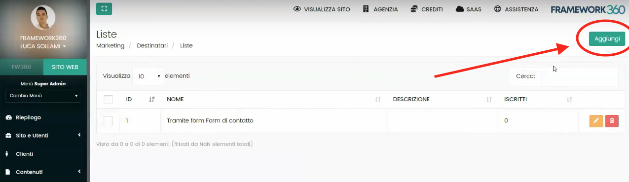 Schermata Framework360 - Inviare email o sms massivi