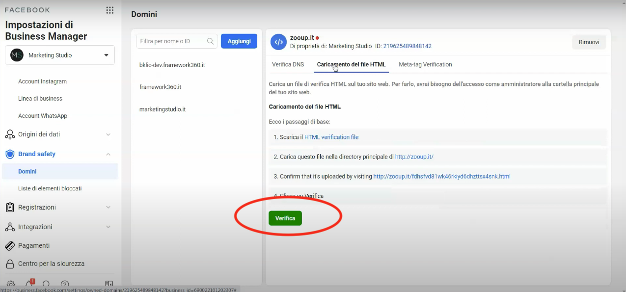 Tela Framework360 - Verificar domínios Facebook Ads